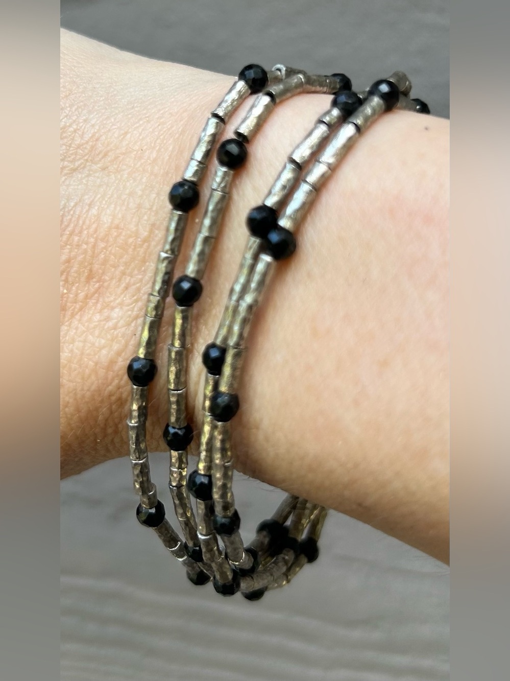 NWOT Hammered Silver Multi-Strand Bracelet with Black Crystal Beads